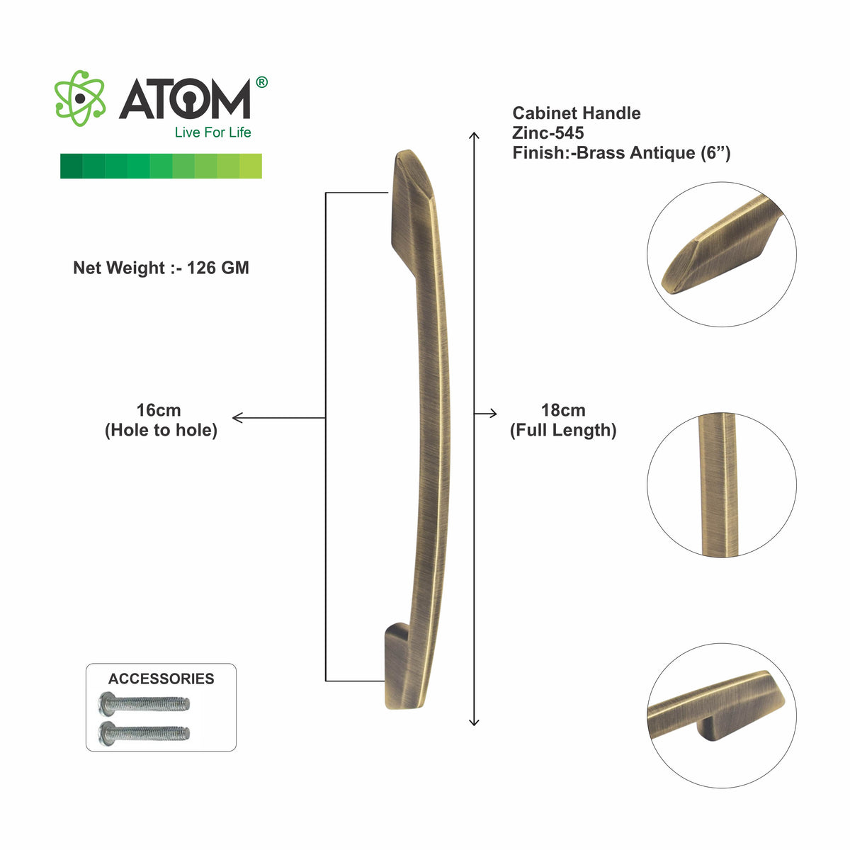 Zinc Cabinet Handle, Finish Black Matt, Brass Antique & CP (CH545)