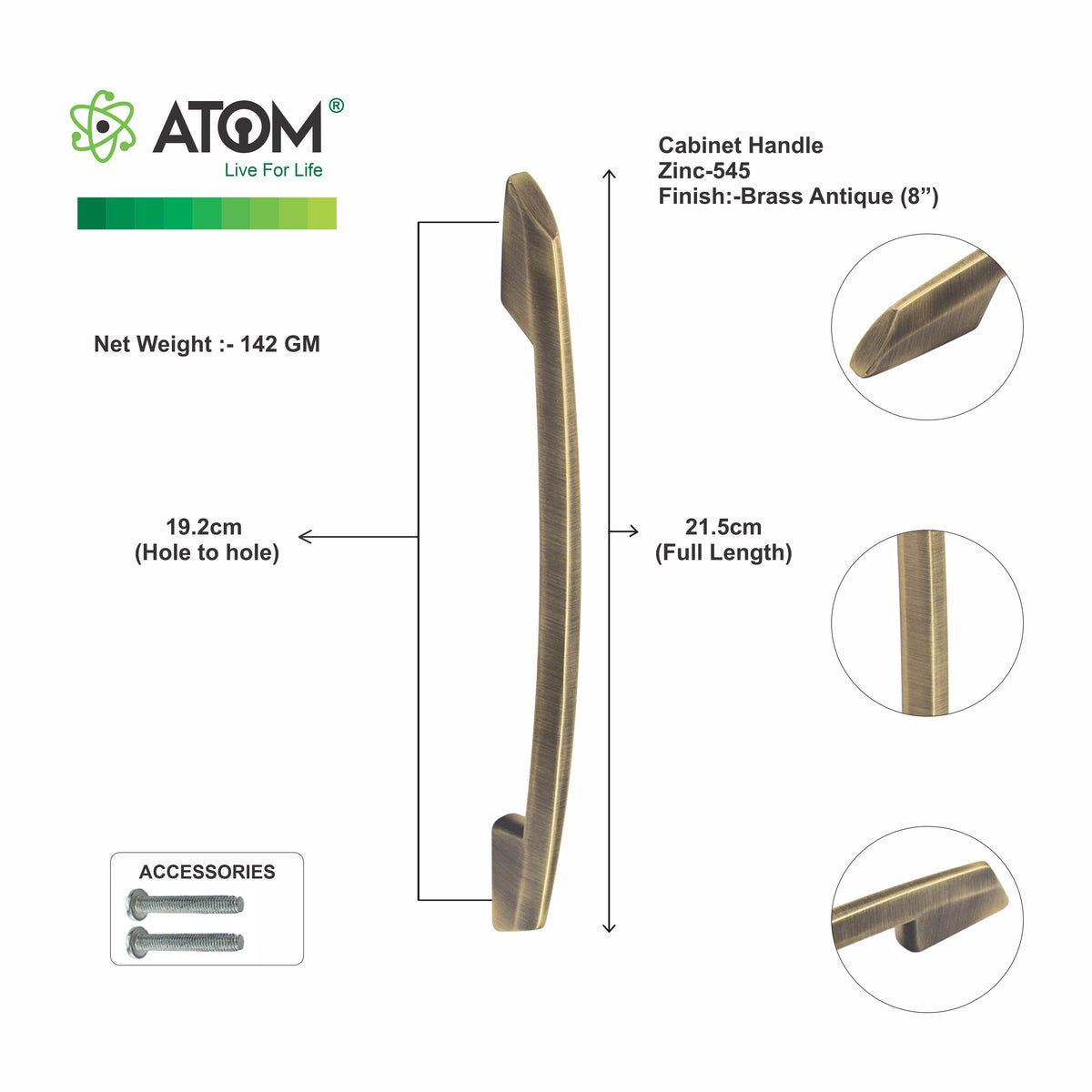 Zinc Cabinet Handle, Finish Black Matt, Brass Antique & CP (CH545)