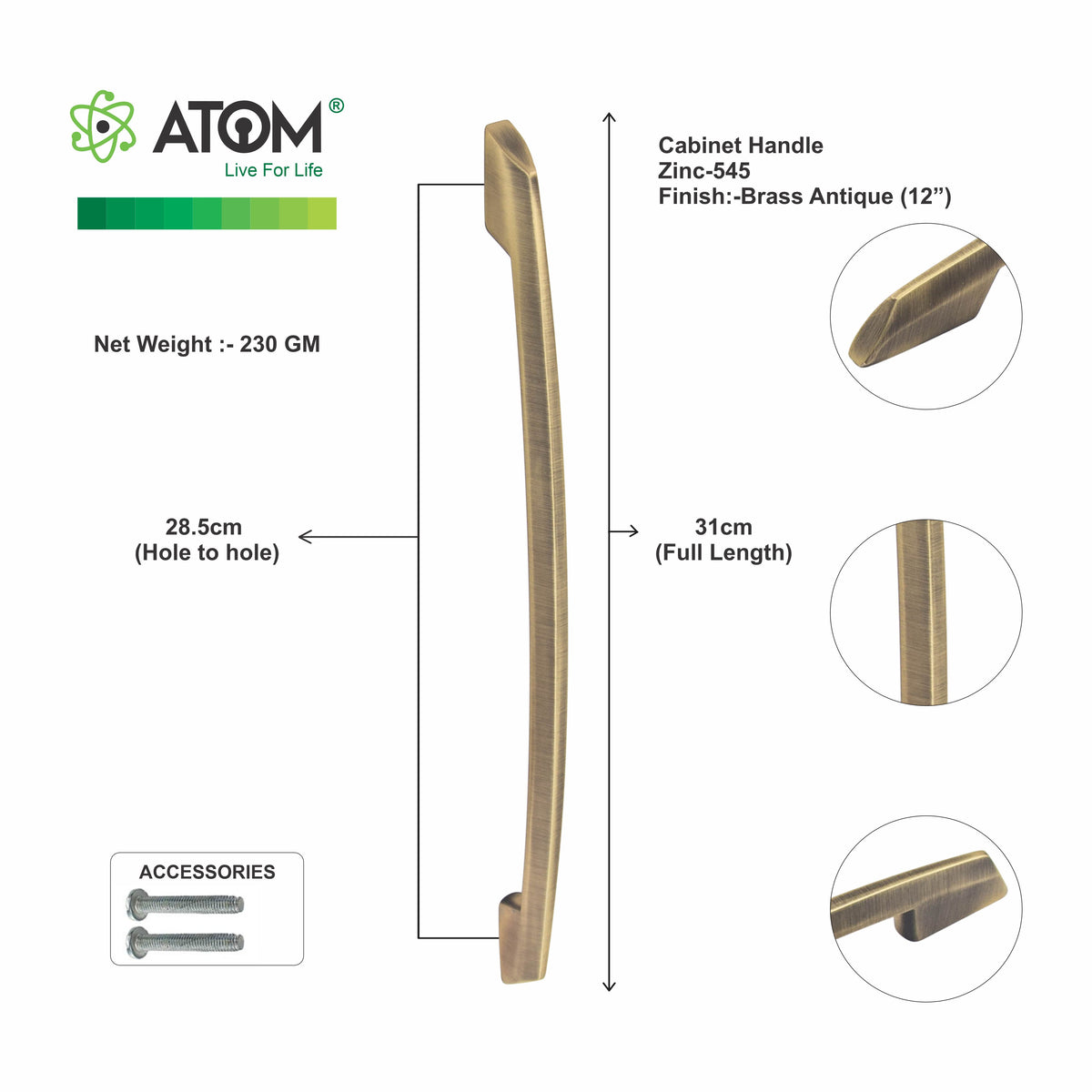 Zinc Cabinet Handle, Finish Black Matt, Brass Antique & CP (CH545)