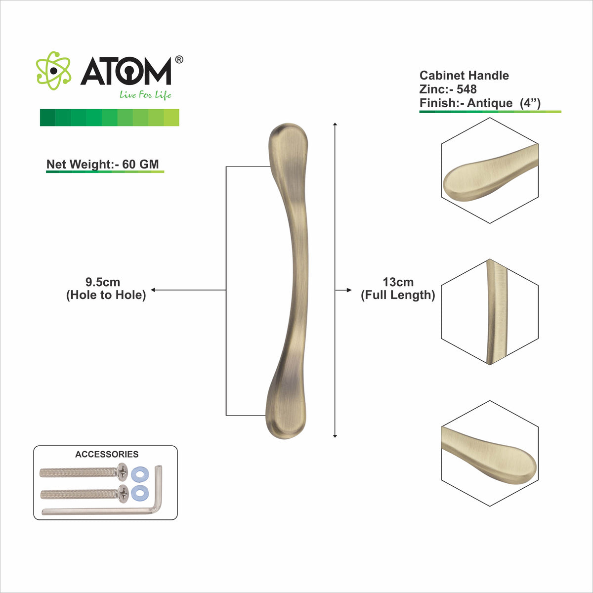 Zinc Cabinet Handle, Finish Black Matt, Brass Antique & CP (CH548)