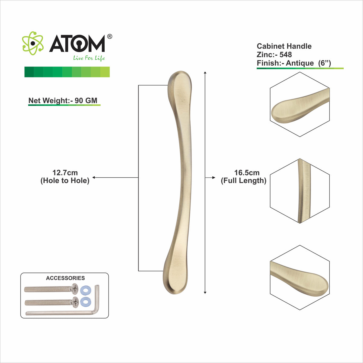 Zinc Cabinet Handle, Finish Black Matt, Brass Antique & CP (CH548)