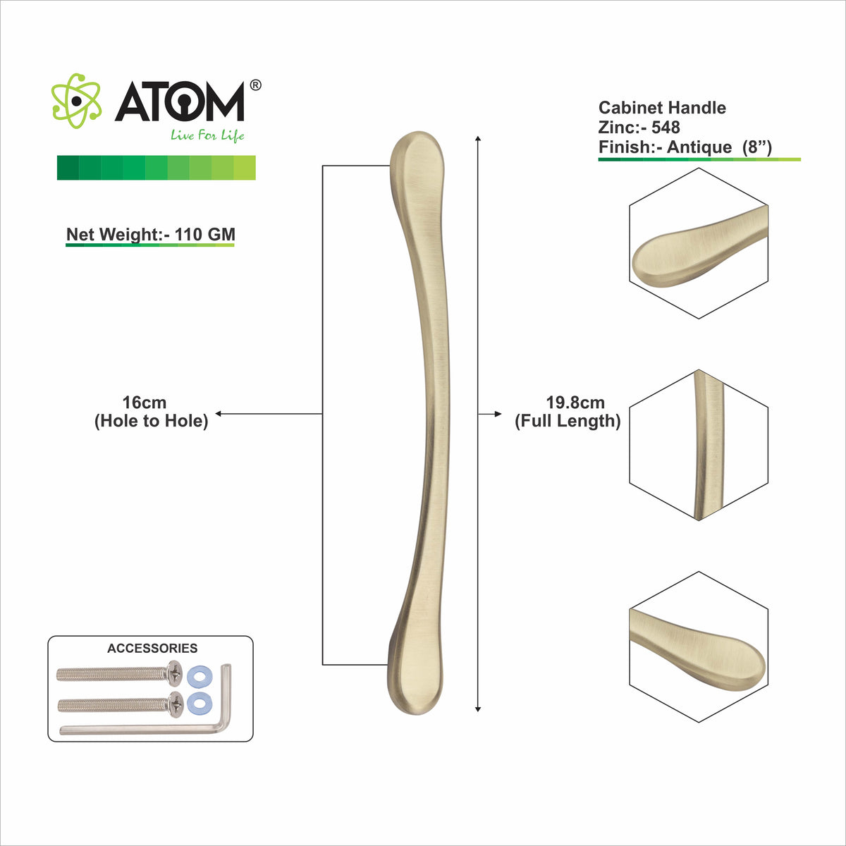 Zinc Cabinet Handle, Finish Black Matt, Brass Antique & CP (CH548)