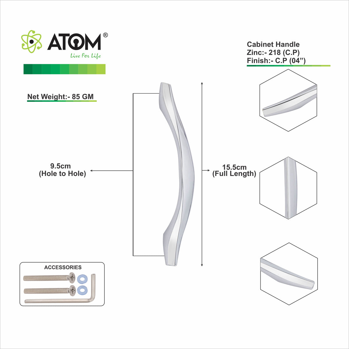 Zinc Cabinet Handle, Finish Silver Satin & CP (6 Pack) (CH218)