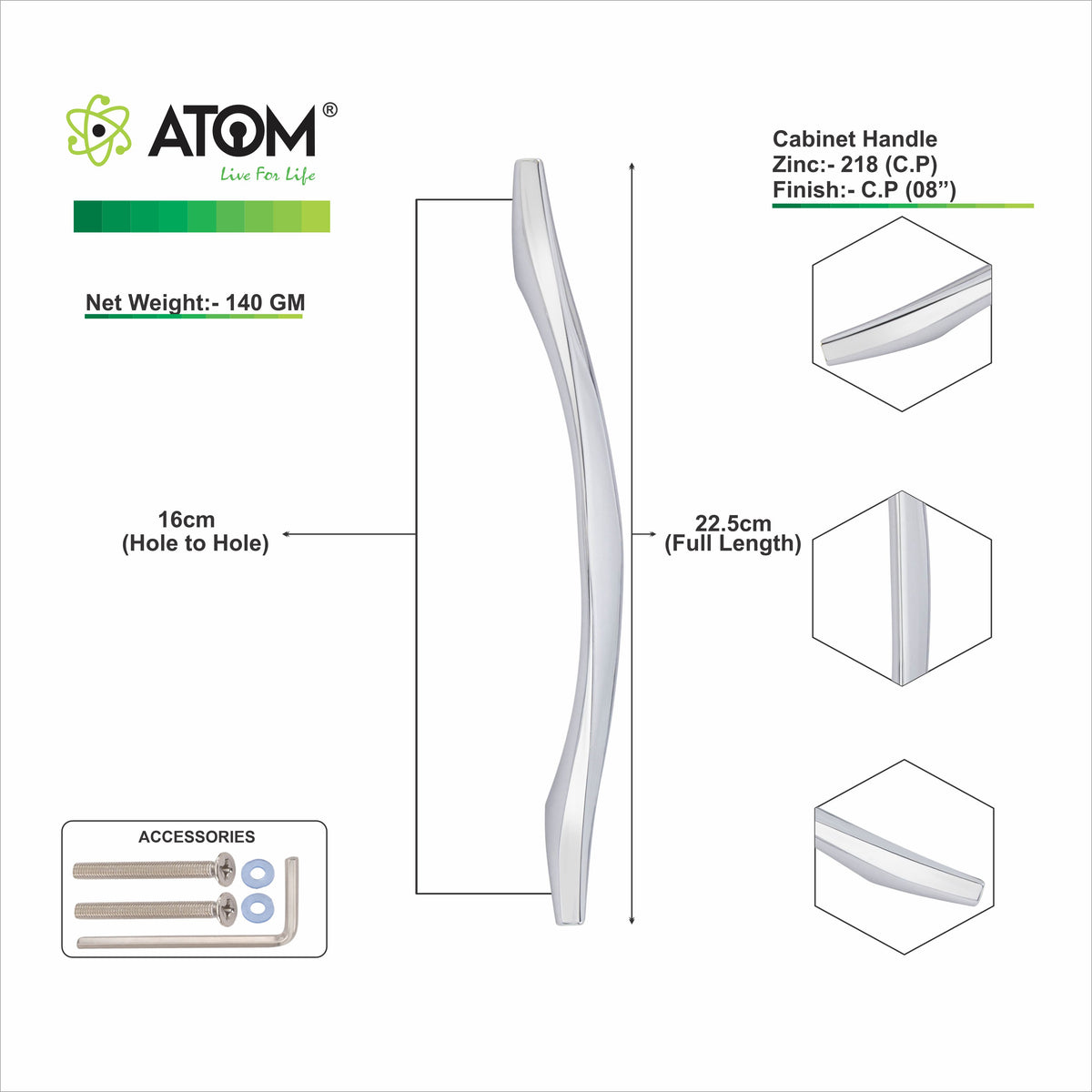 Zinc Cabinet Handle, Finish Silver Satin & CP (6 Pack) (CH218)