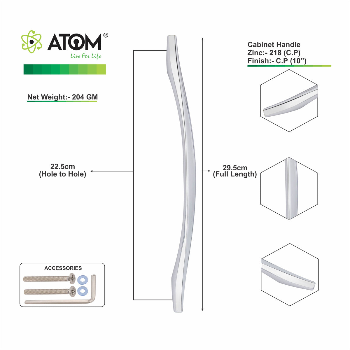 Zinc Cabinet Handle, Finish Silver Satin & CP (6 Pack) (CH218)