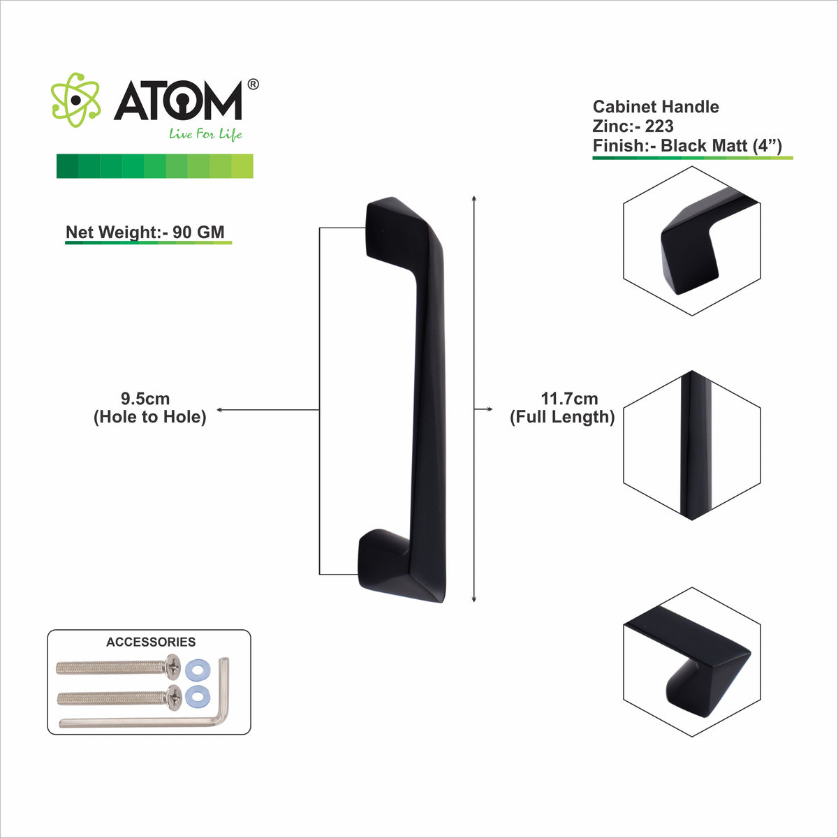 Zinc Cabinet Handle, Finish Silver Satin & Satin Black (6 Pack) (CH223)