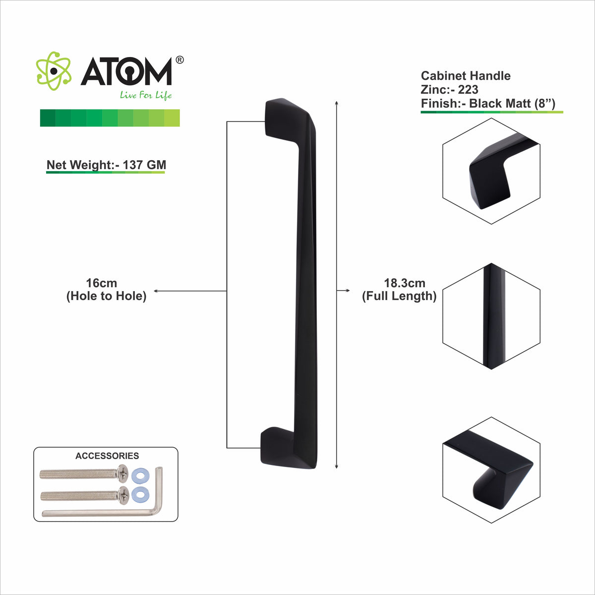 Zinc Cabinet Handle, Finish Silver Satin & Satin Black (6 Pack) (CH223)