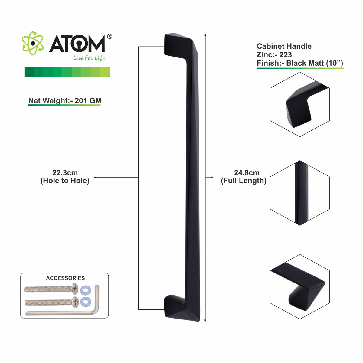 Zinc Cabinet Handle, Finish Silver Satin & Satin Black (6 Pack) (CH223)