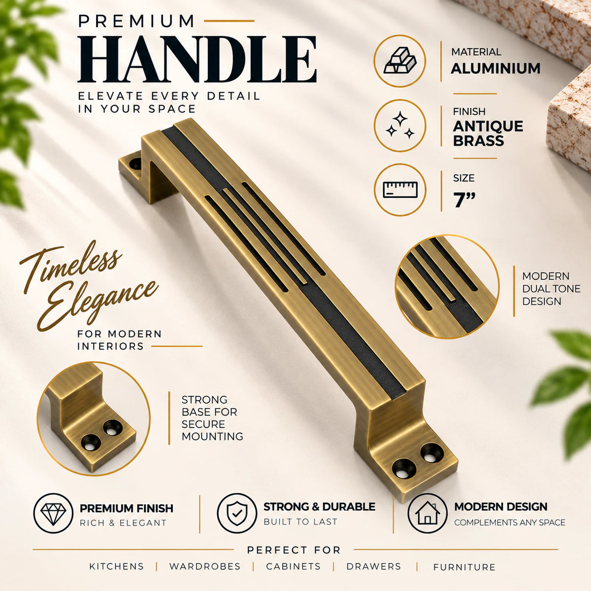 Aluminium Cabinet Handle, Finish Brass Antique, CH-LINE (6 Pack)