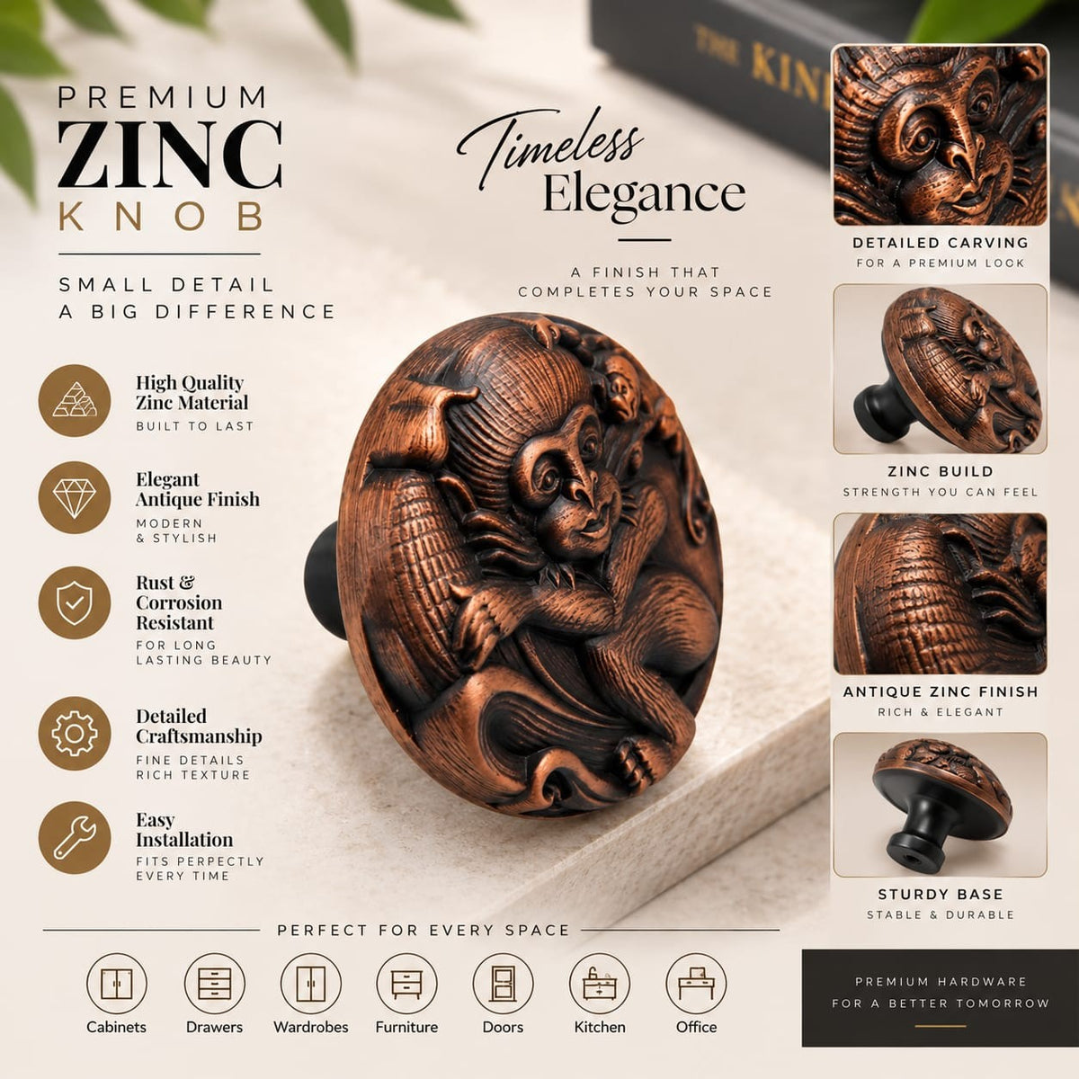 Atom Pack of 6 | 1.3 inches Zinc Knob | Finish Copper Antique | For Cabinet, Drawer, Almirah | knob for Furniture-ZK627