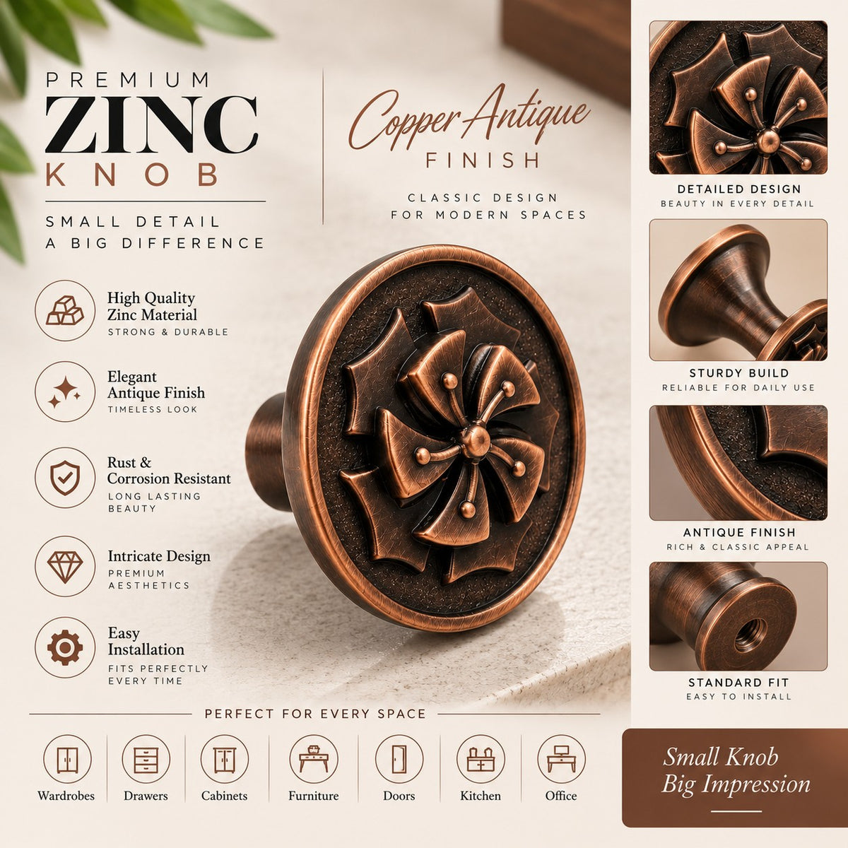 Atom Pack of 6 | 1.6 inches Zinc Knob | Finish Copper Antique | For Cabinet, Drawer, Almirah | knob for Furniture- ZK608