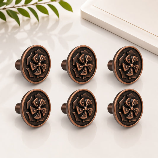 Atom Pack of 6 | 1.6 inches Zinc Knob | Finish Copper Antique | For Cabinet, Drawer, Almirah | knob for Furniture- ZK608
