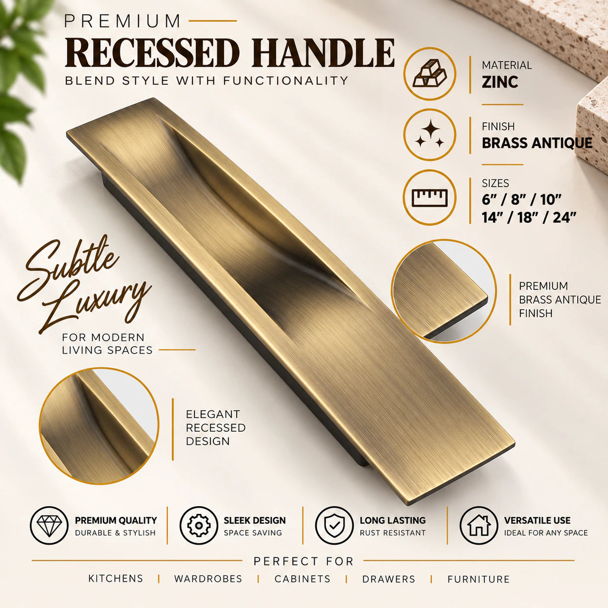 Atom Sliding Council Wardrobe Door Handle | for Drawer Cupboard Almirah Kitchen Cabinet Slider Doors Handles | Brass Antique Finish CH-316