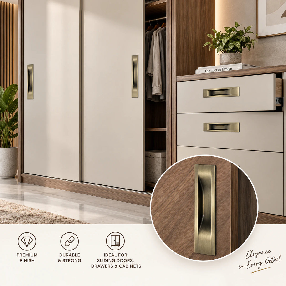 Atom Sliding Council Wardrobe Door Handle | for Drawer Cupboard Almirah Kitchen Cabinet Slider Doors Handles | Brass Antique Finish CH-316