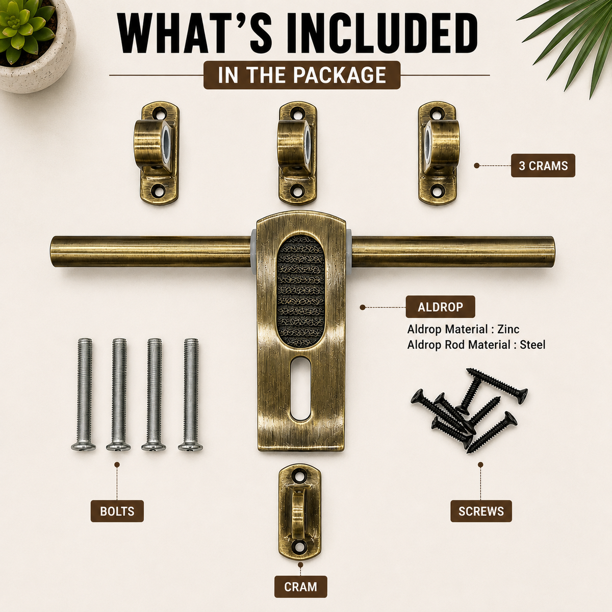 Atom Zinc Aldrop | Brass Antique Finish | For Doors, Main Door, Home door, Bathroom door, kitchen Door, Living Room, bedroom, AD-WZA003