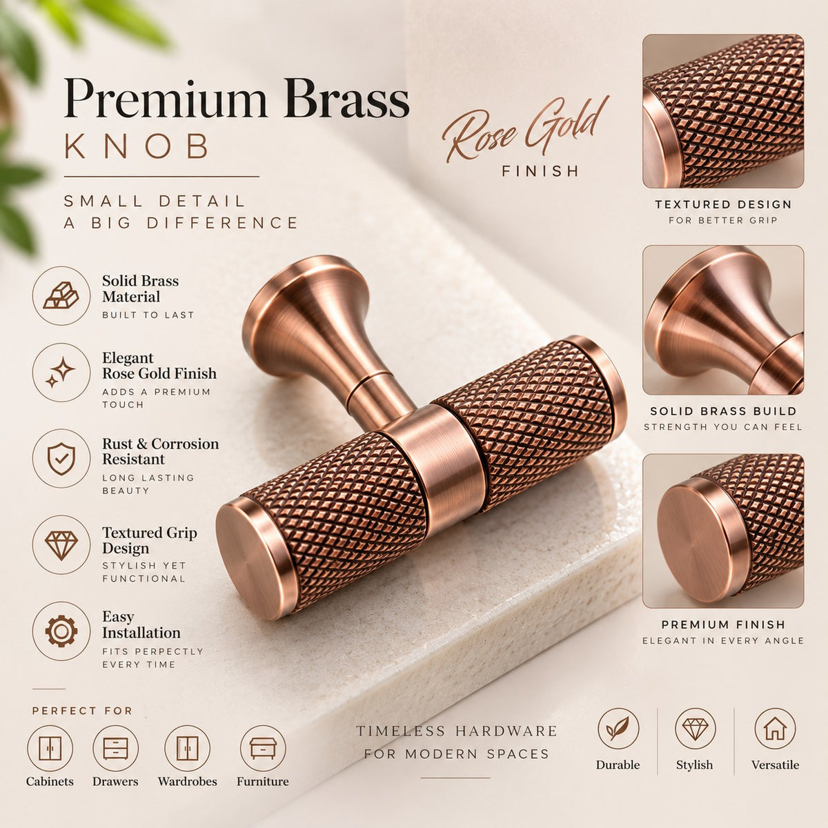 BK-Tee Knob |  Rose Gold, Black & Brass Antique Cabinet Knob | Pack of 6