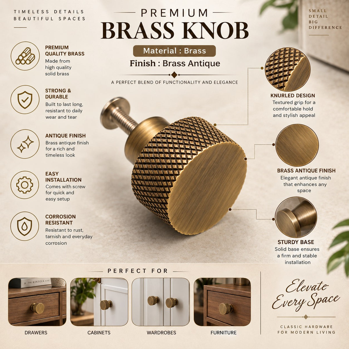 Brass Knob for Cabinet, Colour Brass Antique, Black Matt & Rose Gold (1-Inch), Pack of 6 (Diamond Knob)