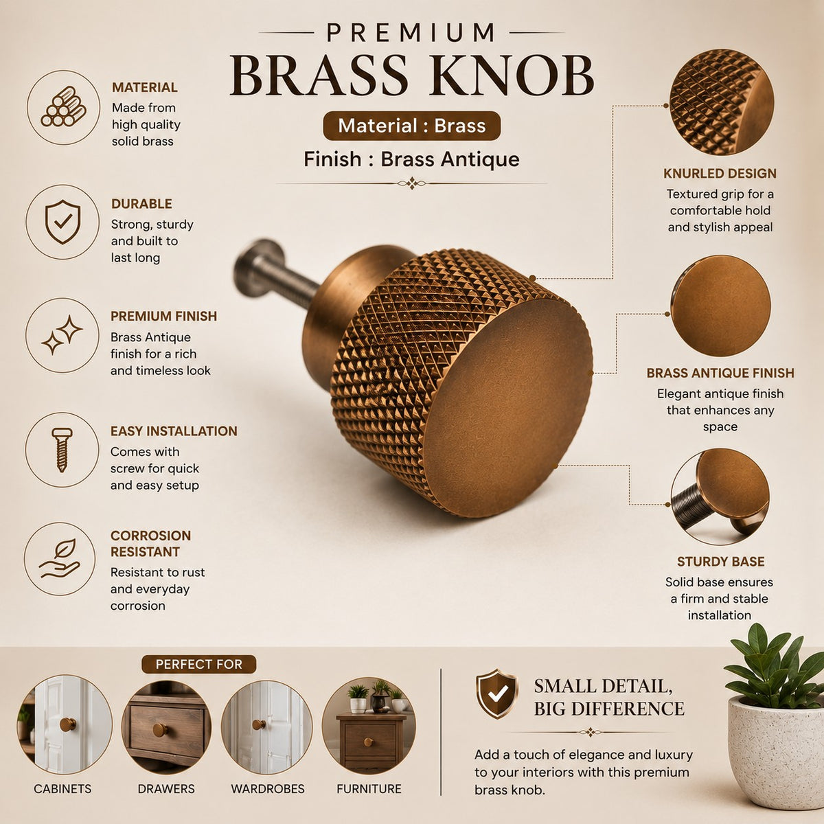 Brass Knob for Cabinet, Colour Brass Antique, Black Matt & Rose Gold (1-Inch), Pack of 6 (Diamond Knob)