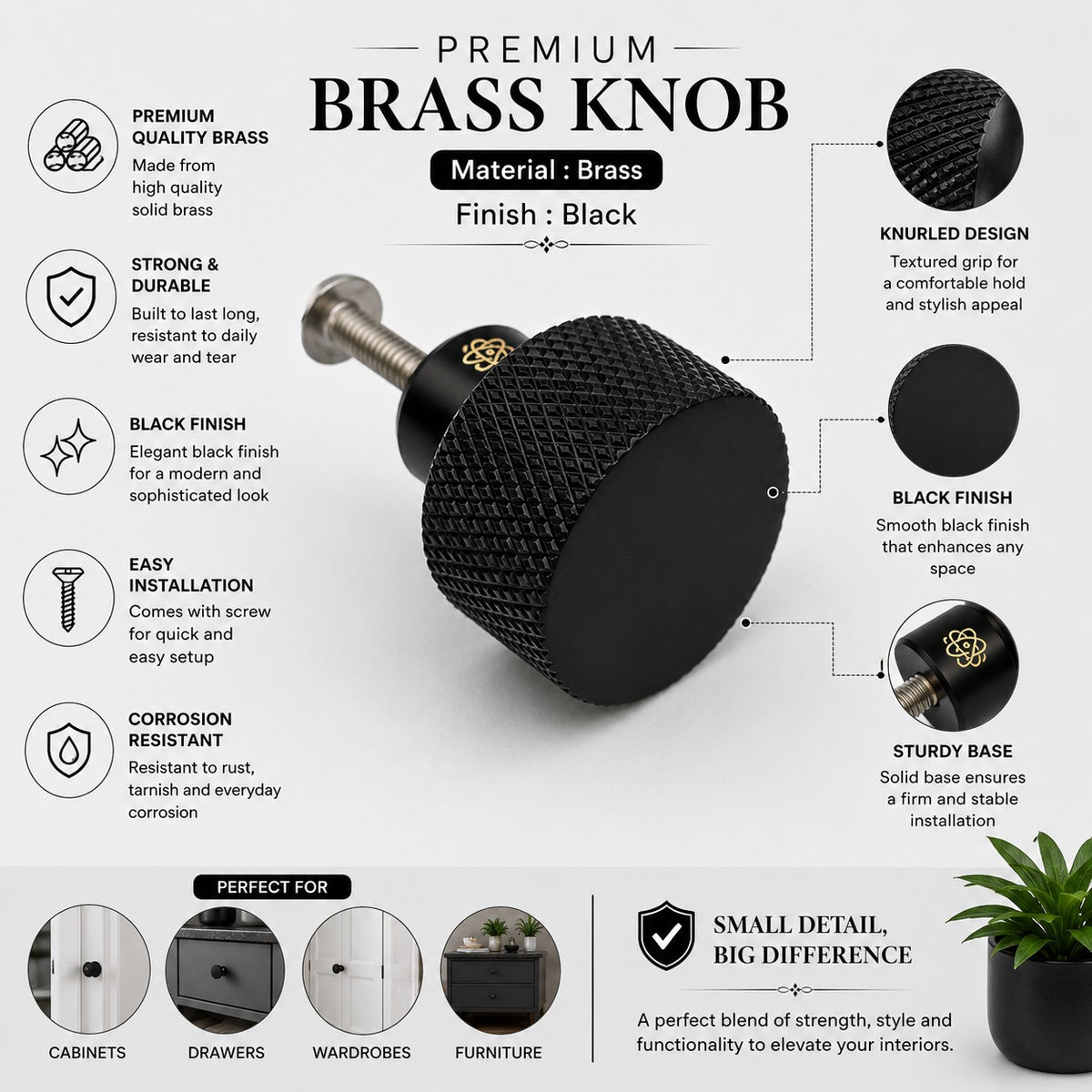 Brass Knob for Cabinet, Colour Brass Antique, Black Matt & Rose Gold (1-Inch), Pack of 6 (Diamond Knob)