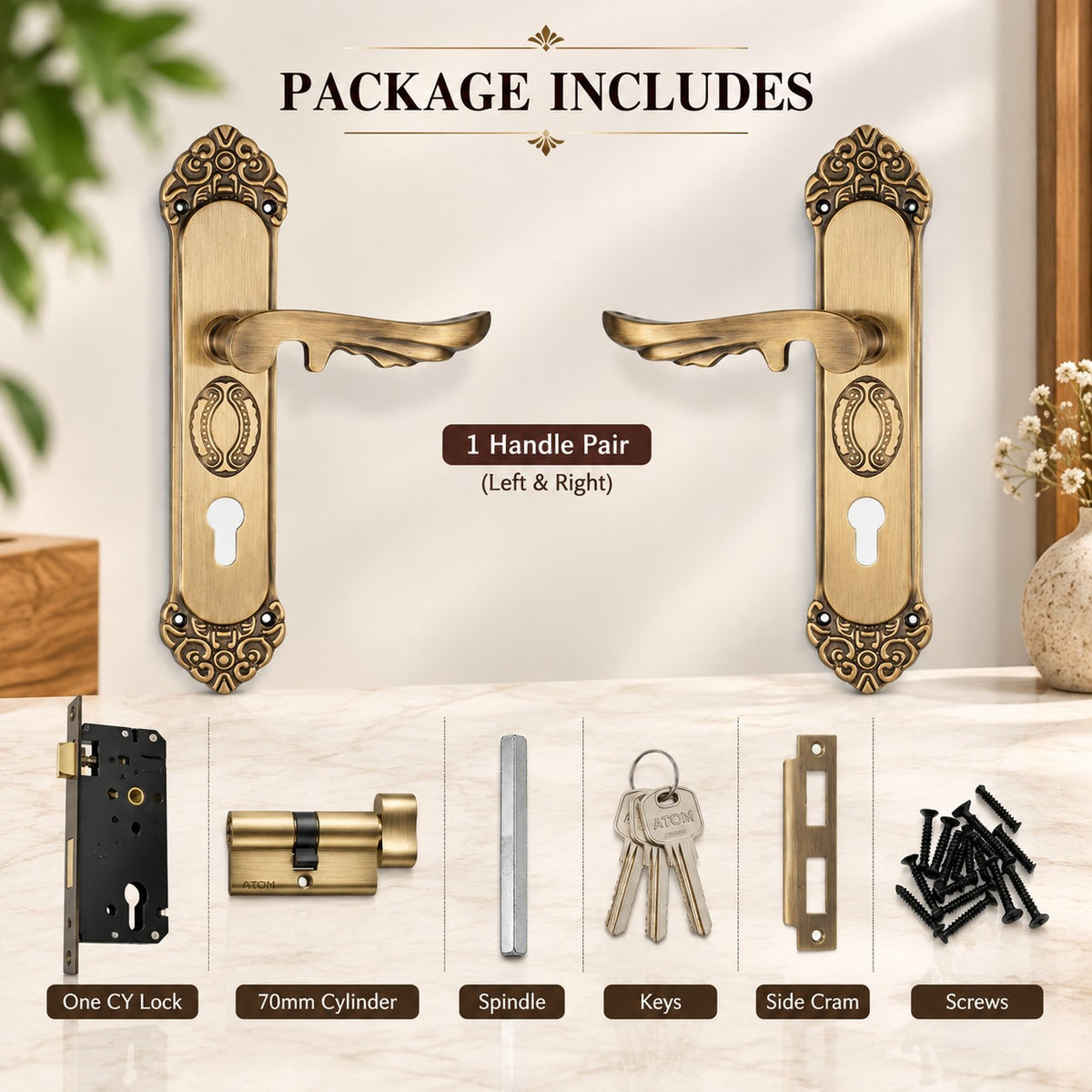 Brass Mortice Door Handle Antique Finish 11 Inch MUSTANG