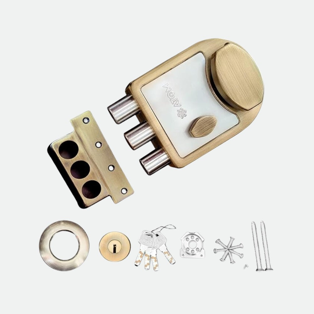 Brass & Iron Material Door lock, TriBolt, Silver Satin & Brass Antique Finish (3 Keys) (ML003)