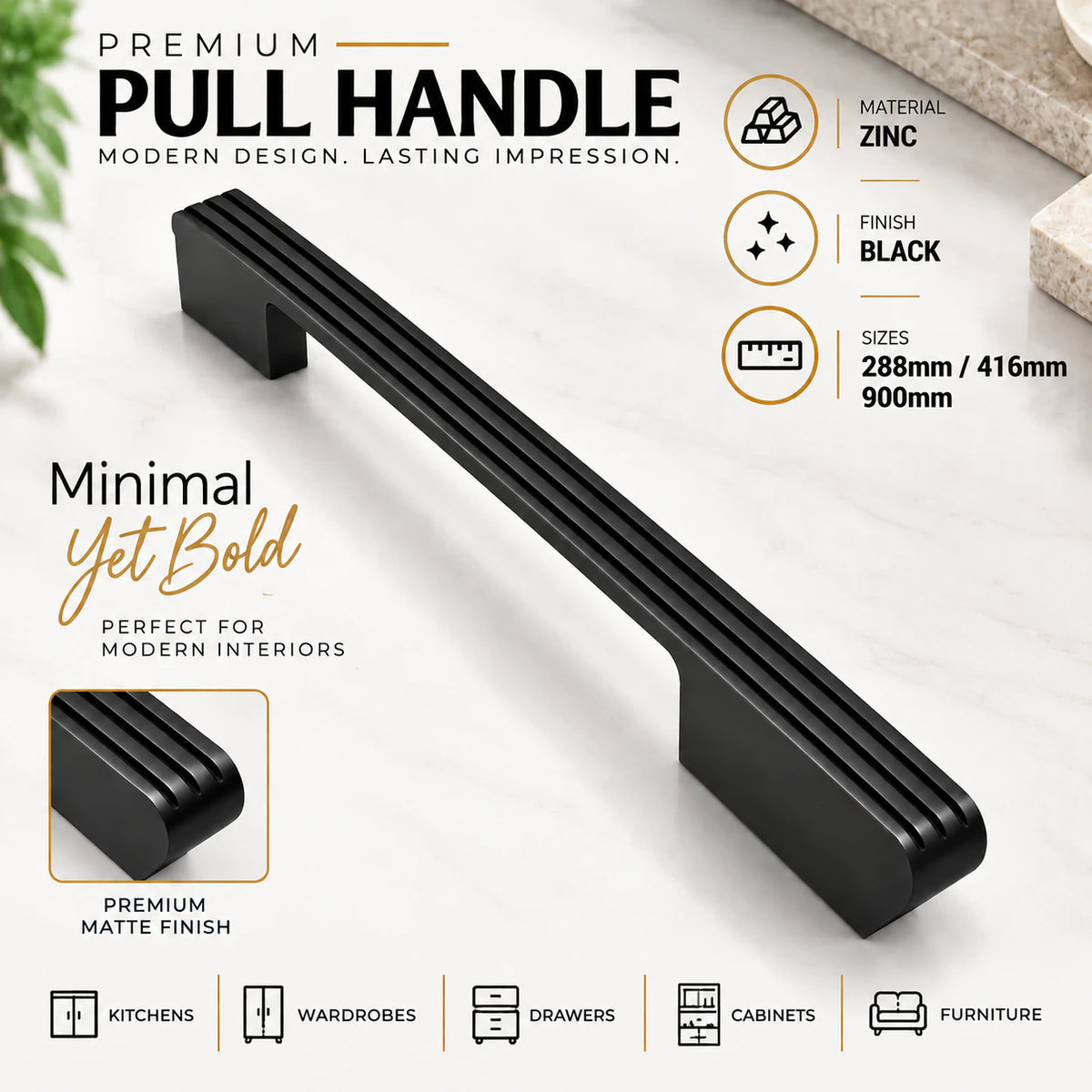 Ruby Aluminium Cabinet Handle, Black Matt & Satin Finish (CH-RUBY)