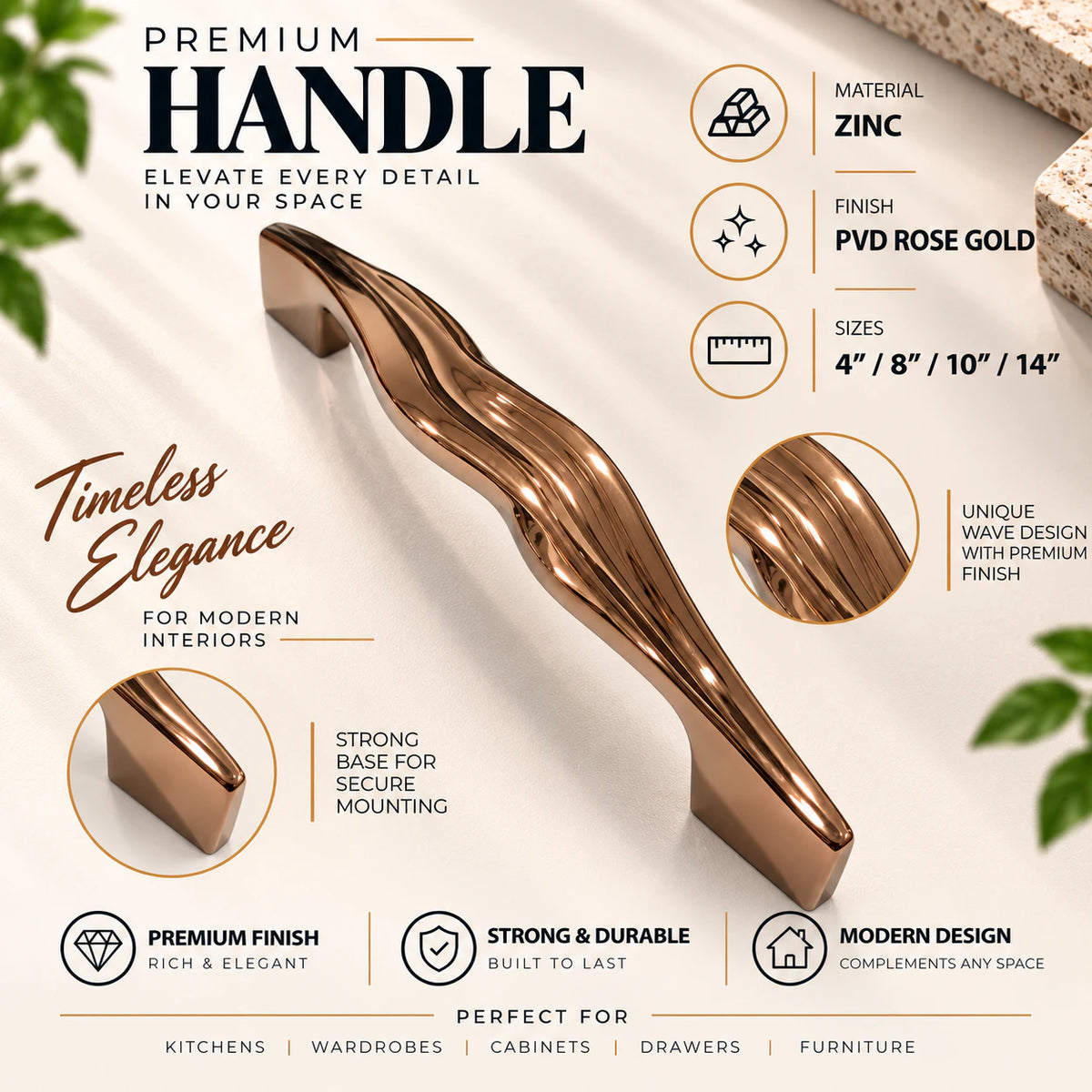 Cabinet Handle CH-FEMIN PVD Rose Gold | Designer Curved Furniture Handle
