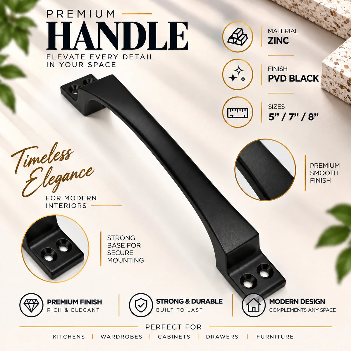 Cabinet Handle CH-OAK | CP, PVD Rose Gold & PVD Black Furniture Handle