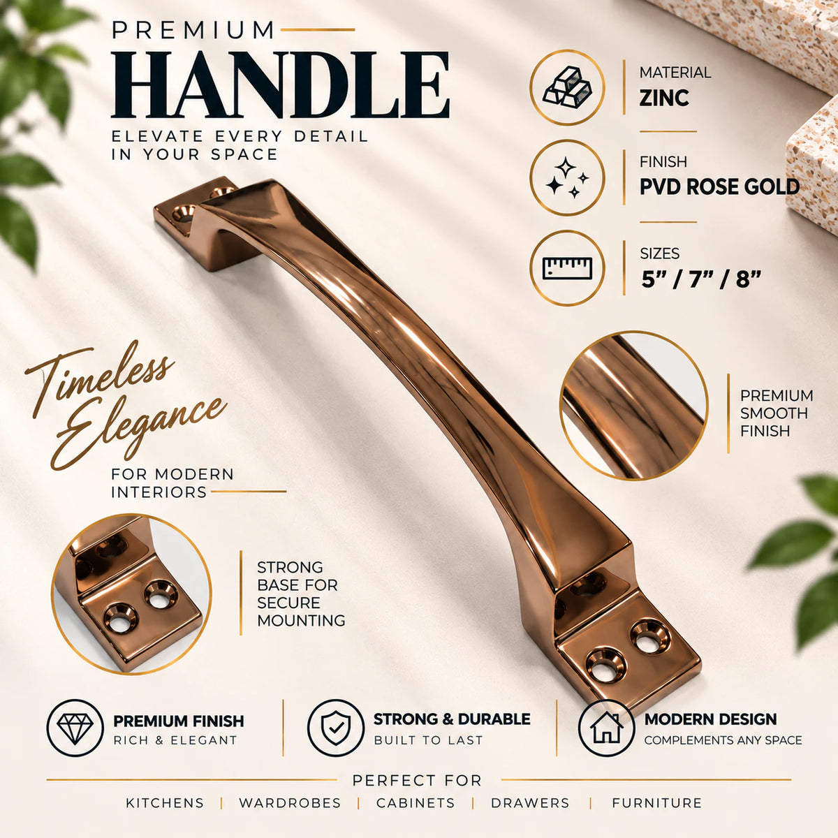 Cabinet Handle CH-OAK | CP, PVD Rose Gold & PVD Black Furniture Handle
