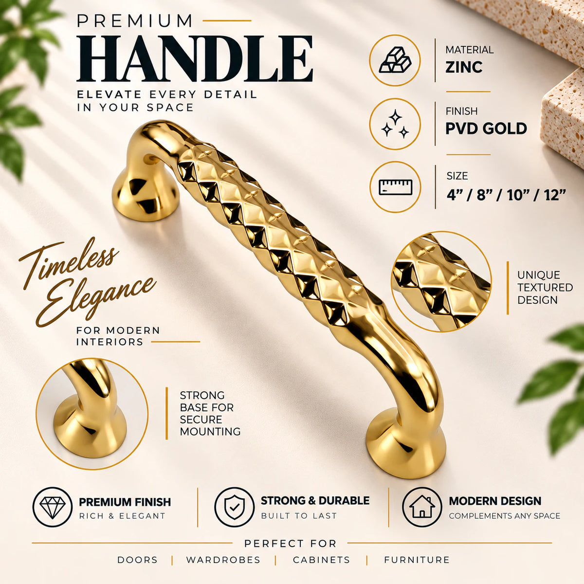 Cabinet Handle CH-Punto PVD Gold | Designer Textured Furniture Handle