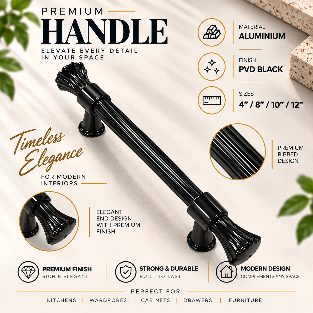Cabinet Handle CH-Rajwadi | PVD Rose Gold, Gold & Black Designer Handle