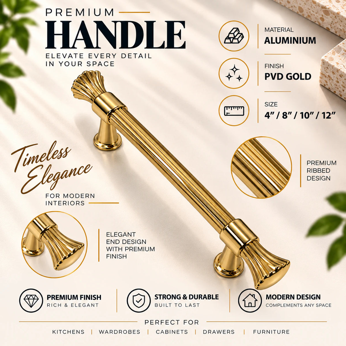Cabinet Handle CH-Rajwadi | PVD Rose Gold, Gold & Black Designer Handle