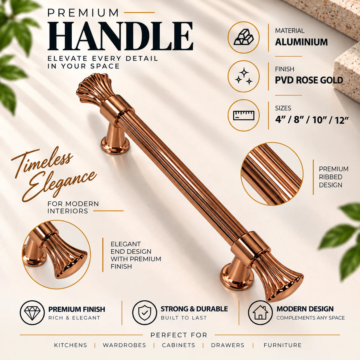 Cabinet Handle CH-Rajwadi | PVD Rose Gold, Gold & Black Designer Handle