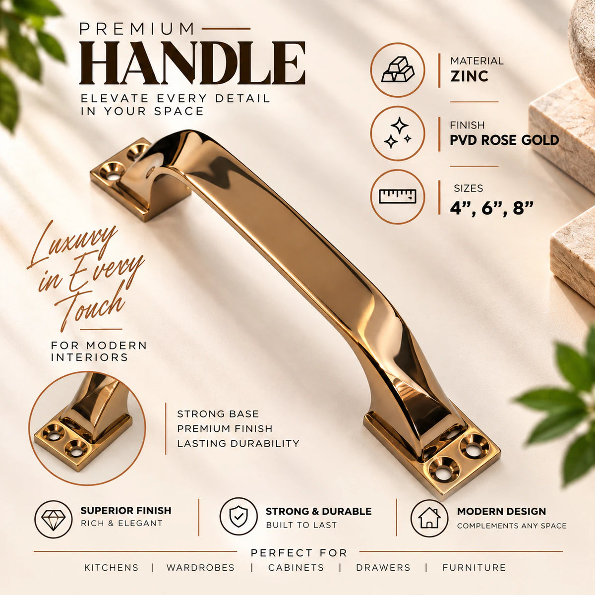 Cabinet Handle CH-TWIST PVD Rose Gold | Designer Furniture Pull Handle 4" 6" 8"