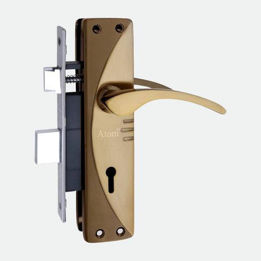 Iron Mortise Door Handle Set with Lock Body, Black Silver Finish, Brass Antique, Black Gold & CP Matt (3 Keys) (6 Lever Double Stage) (1003-KY)