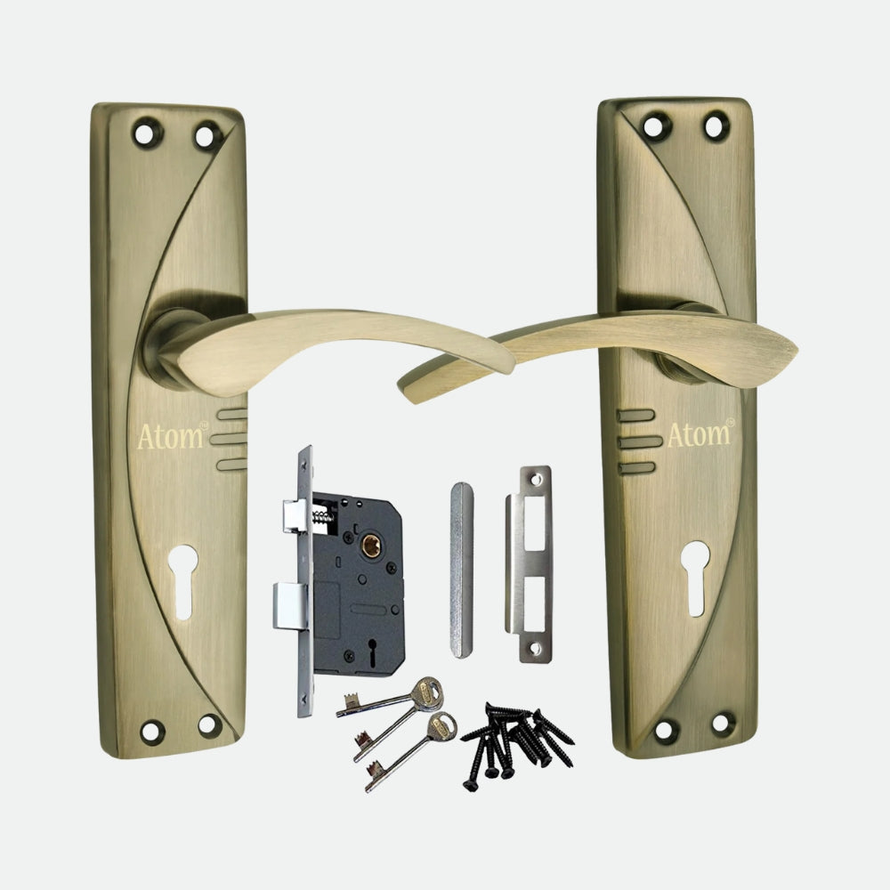 Iron Mortise Door Handle Set with Lock Body, Black Silver Finish, Brass Antique, Black Gold & CP Matt (3 Keys) (6 Lever Double Stage) (1003-KY)