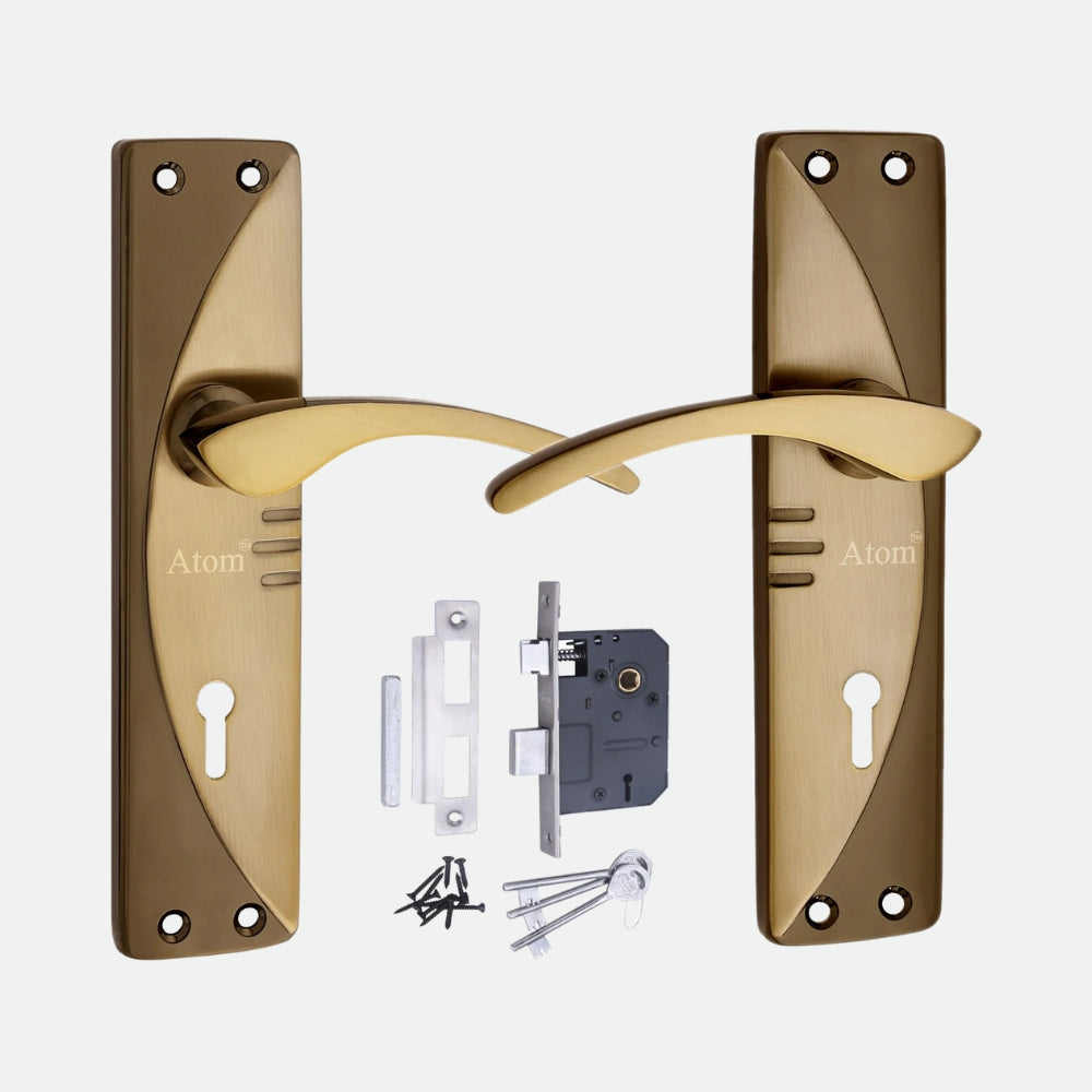 Iron Mortise Door Handle Set with Lock Body, Black Silver Finish, Brass Antique, Black Gold & CP Matt (3 Keys) (6 Lever Double Stage) (1003-KY)