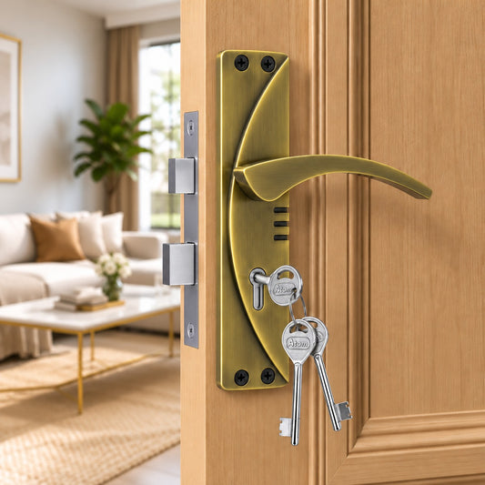 Iron Mortise Door Handle Set with Lock Body, Black Silver Finish, Brass Antique, Black Gold & CP Matt (3 Keys) (6 Lever Double Stage) (1003-KY)