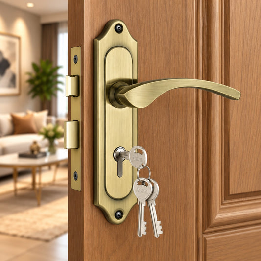 Iron Mortise Door Handle Set with Lock Body, Finish Black Silver, Brass Antique, Black Gold & CP Matt, (3 Keys) (6 Lever Double Stage) (7 Inch) (509-KY)
