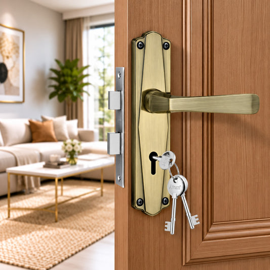 Iron Mortise Door Handle Set with Lock Body, Finish Black Silver, Brass Antique & CP Matt, (3 Keys) (6 Lever Double Stage Lockset) (7 Inch) (608-KY)
