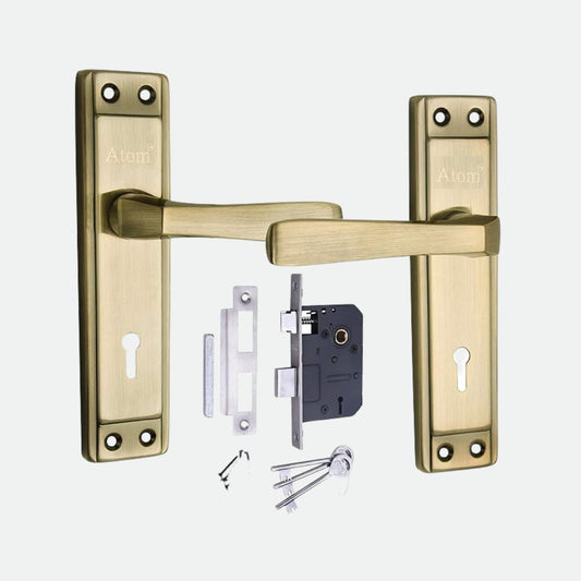 Iron Mortise Door Handle Set with Lock Body, Finish Black Silver, Brass Antique & CP Matt, (3 Keys) (6 Lever Double Stage Lockset) (8 Inch) (607-KY)