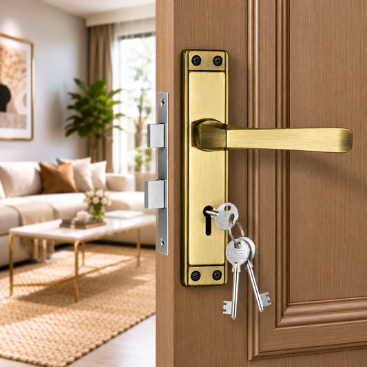Iron Mortise Door Handle Set with Lock Body, Finish Black Silver, Brass Antique & CP Matt, (3 Keys) (6 Lever Double Stage Lockset) (8 Inch) (607-KY)
