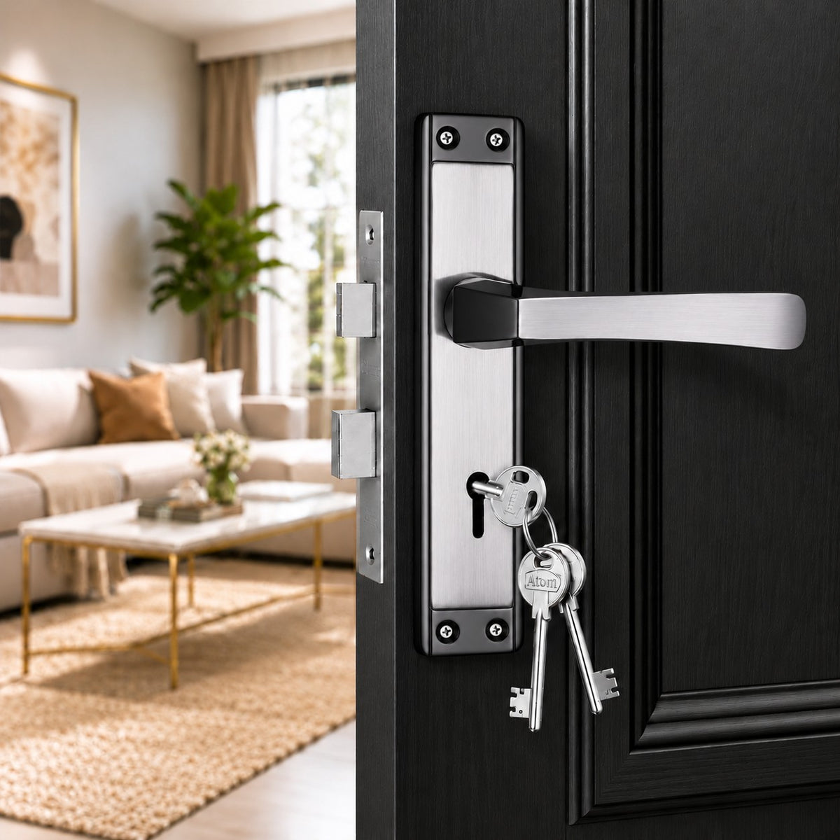 Iron Mortise Door Handle Set with Lock Body, Finish Black Silver, Brass Antique & CP Matt, (3 Keys) (6 Lever Double Stage Lockset) (8 Inch) (607-KY)