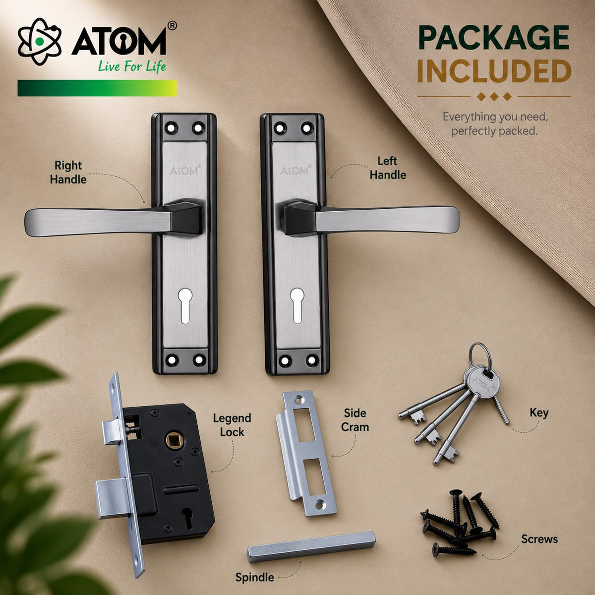 Iron Mortise Door Handle Set with Lock Body, Finish Black Silver, Brass Antique & CP Matt, (3 Keys) (6 Lever Double Stage Lockset) (8 Inch) (607-KY)