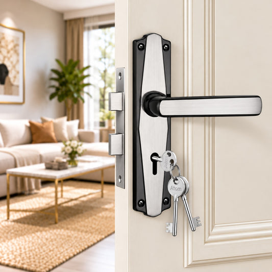 Iron Mortise Door Handle Set with Lock Body, Finish Black Silver, Brass Antique, CP & PC (Powder Coat) (3 Keys) (6 Lever Double Stage Lockset) (7 Inch) (609-KY)