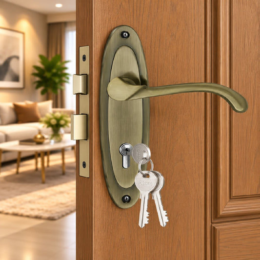 Iron Mortise Door Handle Set with Lock Body, Finish Black Silver, Brass Antique, Silver Gold & Black Gold |  (3 Keys) (6 Lever Double Stage) (7 Inch) (412-KY)