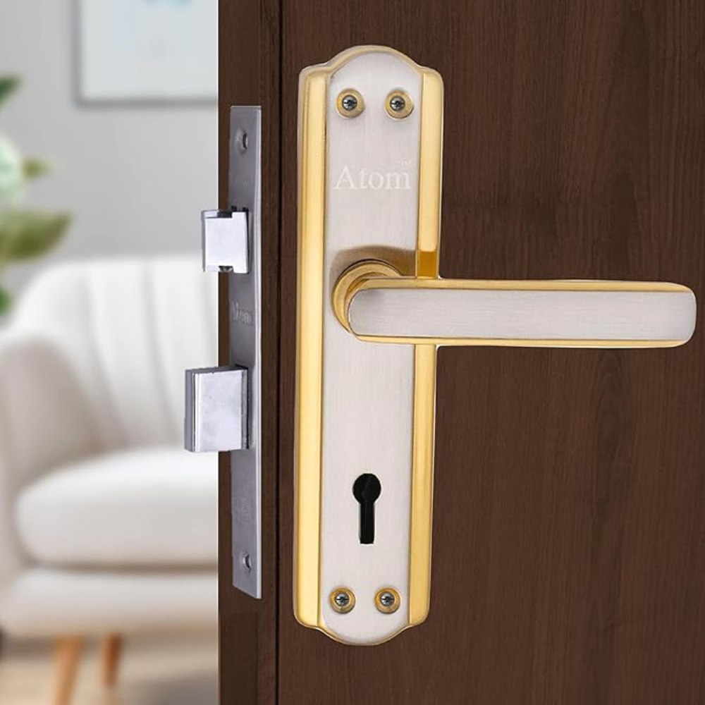 Iron Mortise Door Handle Set with Lock Body, Finish Black Silver, Brass Antique, Silver Gold, CP Matt & Black Gold (3 Keys) (6 Lever Double Stage) (8 Inch) (606-KY)