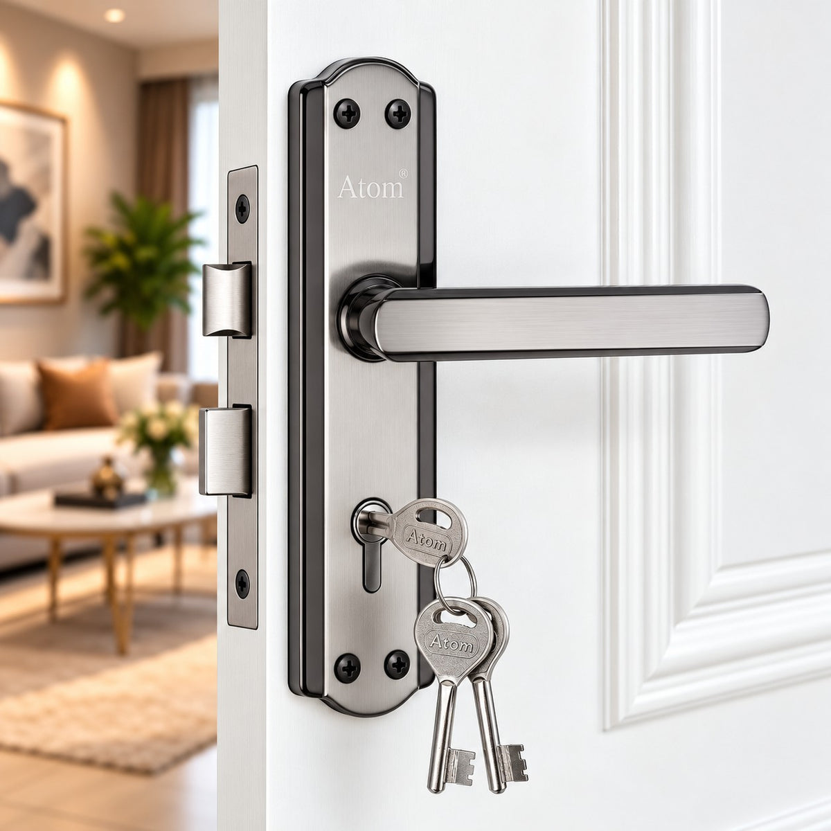 Iron Mortise Door Handle Set with Lock Body, Finish Black Silver, Brass Antique, Silver Gold, CP Matt & Black Gold (3 Keys) (6 Lever Double Stage) (8 Inch) (606-KY)