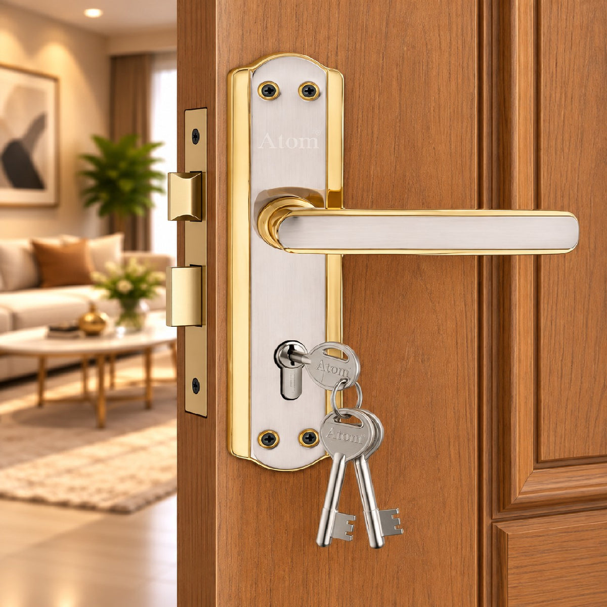 Iron Mortise Door Handle Set with Lock Body, Finish Black Silver, Brass Antique, Silver Gold, CP Matt & Black Gold (3 Keys) (6 Lever Double Stage) (8 Inch) (606-KY)
