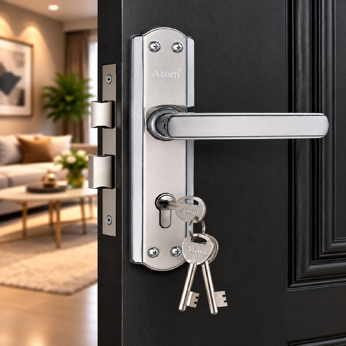 Iron Mortise Door Handle Set with Lock Body, Finish Black Silver, Brass Antique, Silver Gold, CP Matt & Black Gold (3 Keys) (6 Lever Double Stage) (8 Inch) (606-KY)